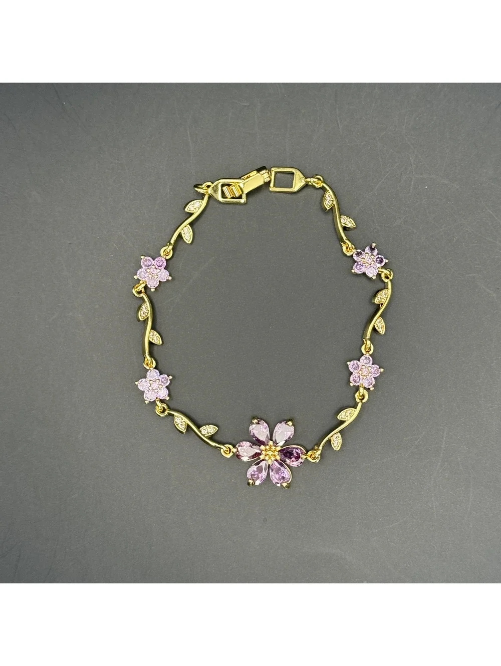 candy+clover lilac amethyst sakura vine crystal station gold tone bracelet